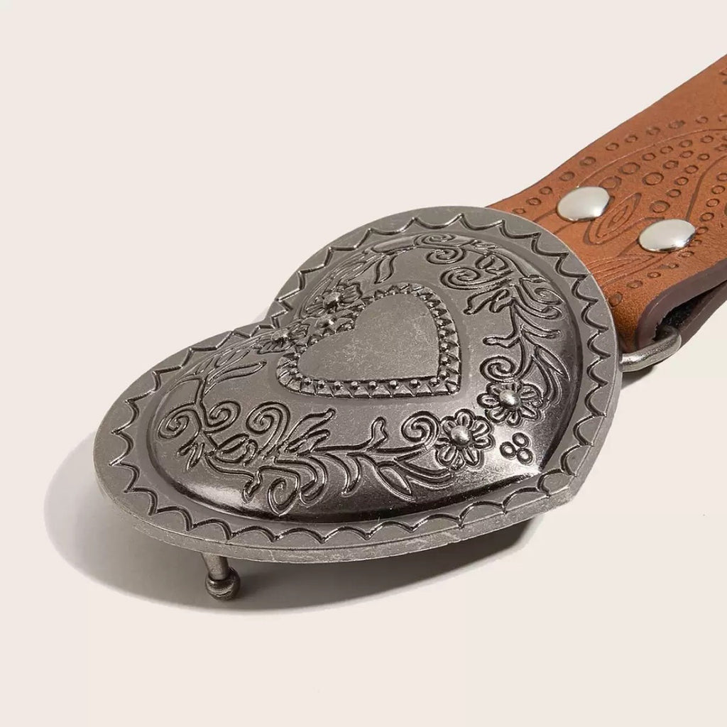 Brown Textured Heart Buckle Metal Belt