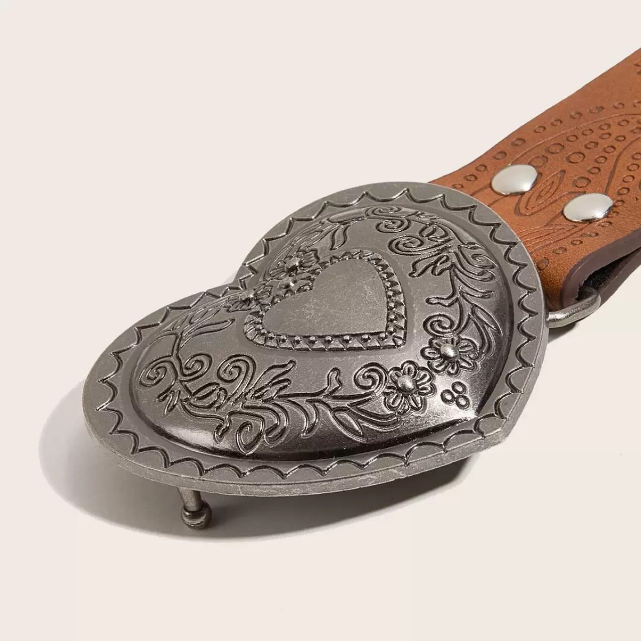 Brown Textured Heart Buckle Metal Belt