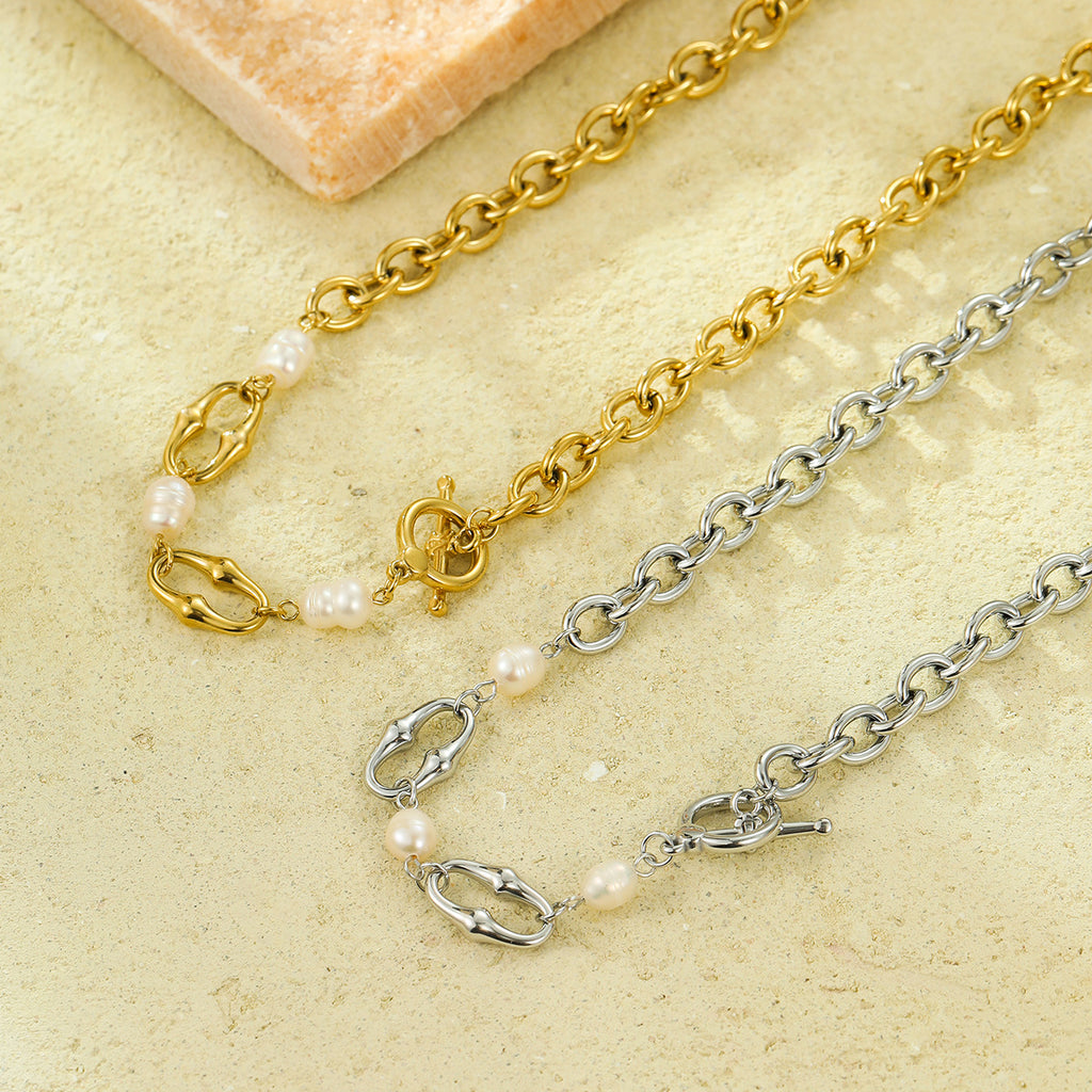Mixed Metal Pearl Inlaid Collar Necklace