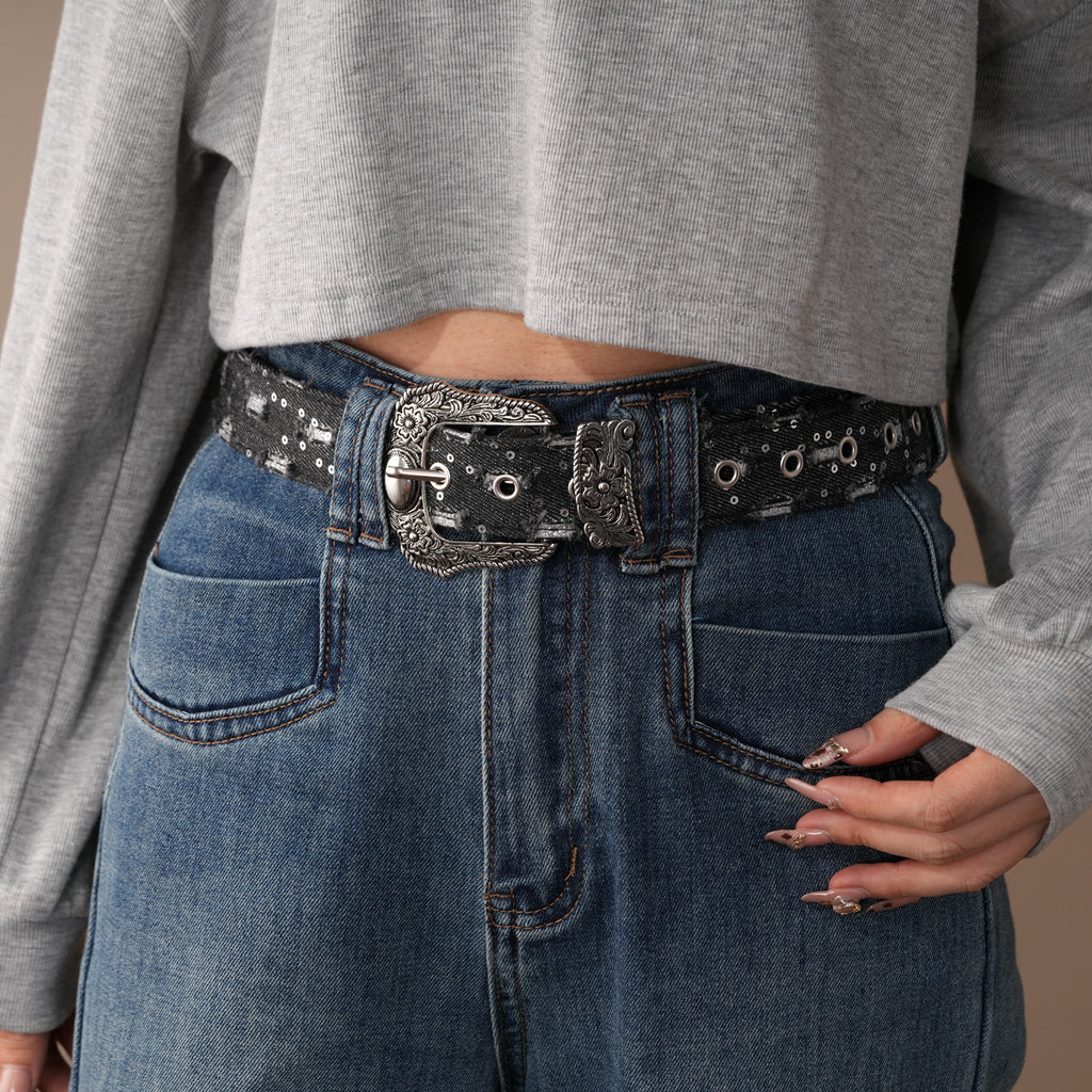 Distressed Denim Pattern Metal Belt