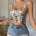 Silver Sequin Solid Backless Sexy Crop Top