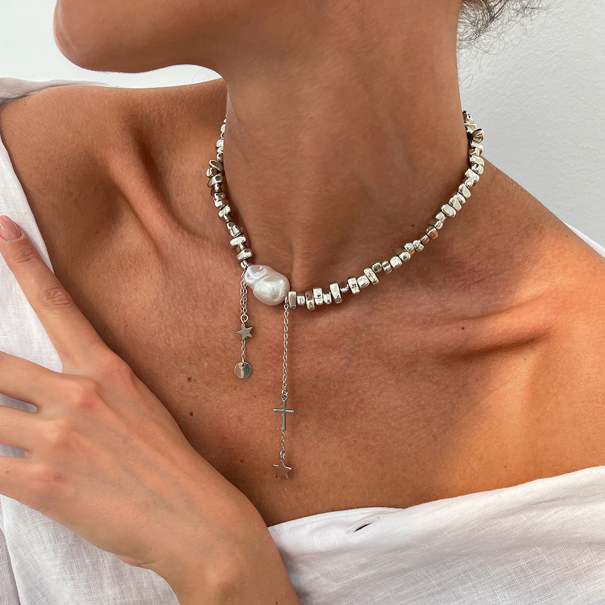Irregular Bead Star Cross Fringe Choker Necklace Secondary image