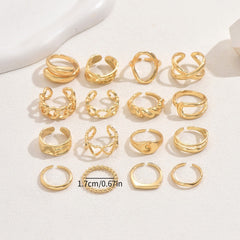 16-Piece Geometric Heart Open Ring Set