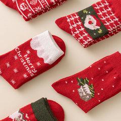 5 Pack Warm Thick Cashmere Mid Calf Red Christmas Socks