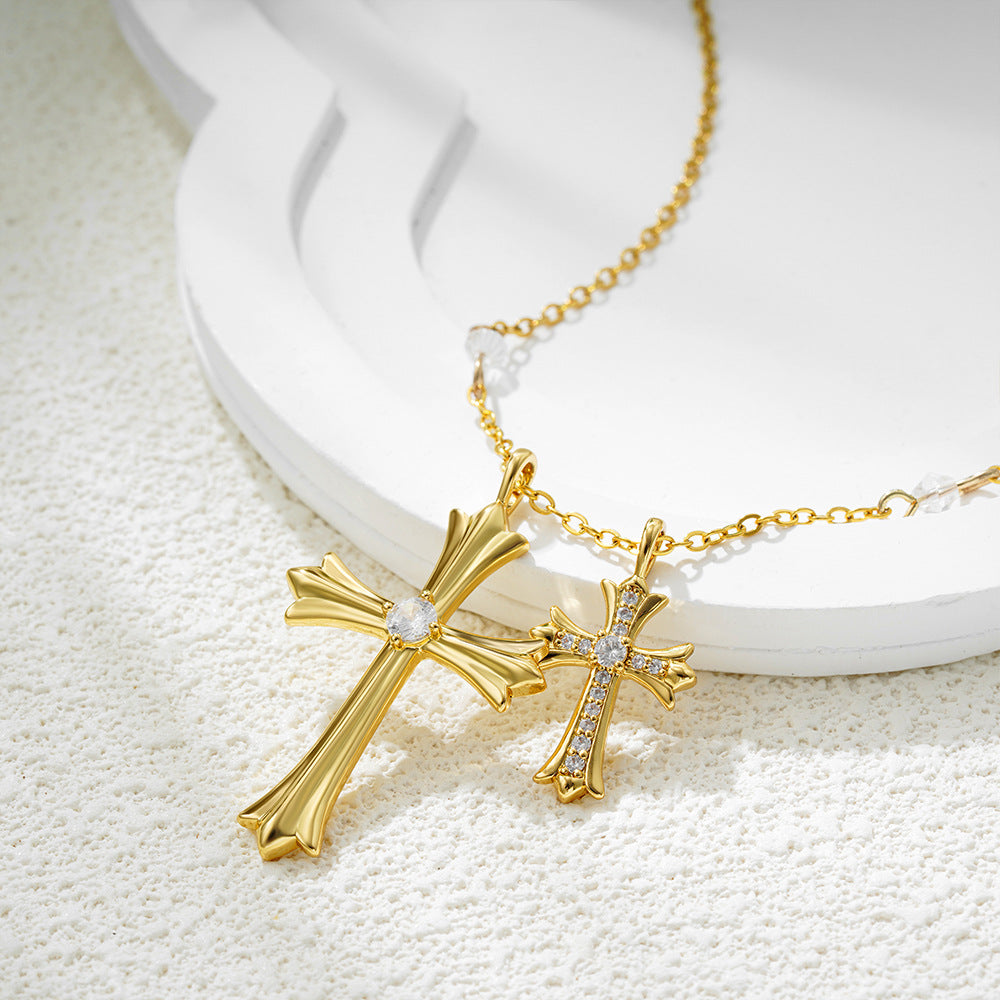 Hip Hop Style Bead Chain Cross Pendant Zirconia Necklace Main image
