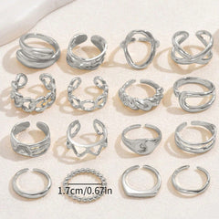 16-Piece Geometric Heart Open Ring Set
