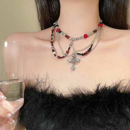 Layered Dark Punk Cross Beaded Personality Necklace