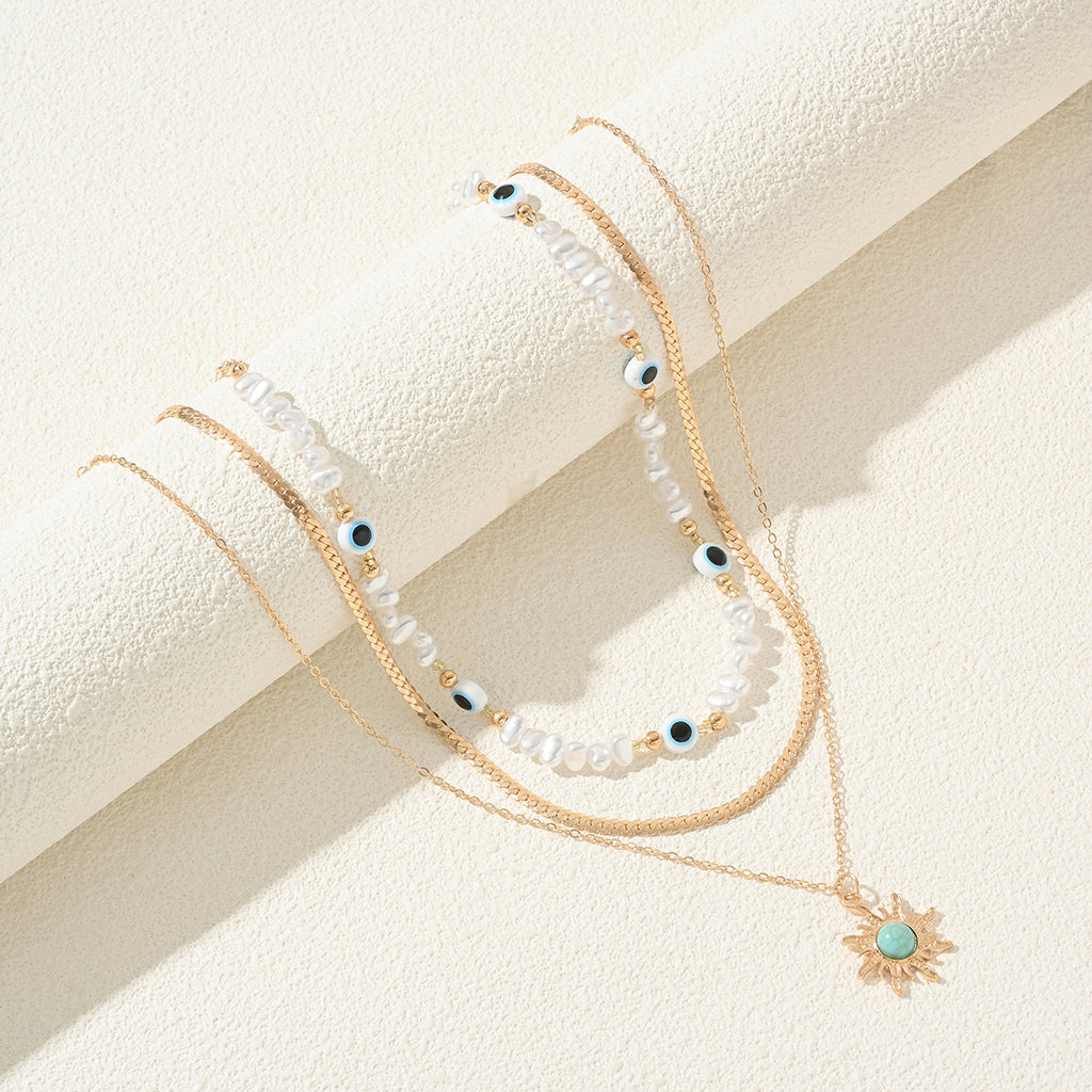 Long Pearl Octagram Star Pendant Layered Necklace