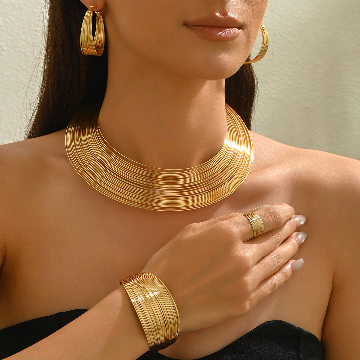 5 Piece Multi Layer Metal Bracelet, Ring, Earrings & Necklace Set Main image