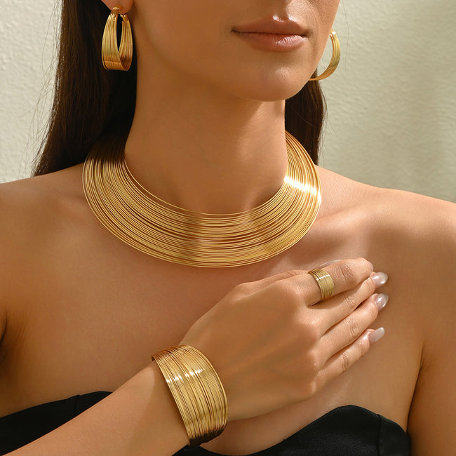 5 Piece Multi Layer Metal Bracelet, Ring, Earrings & Necklace Set Main image