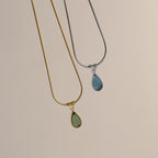Aqua Teardrop Pendant Titanium Steel Gold Plated Necklace