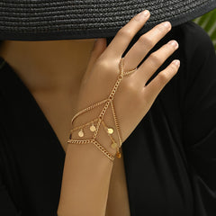 Layered Metal Disc and Chain Finger Bracelet