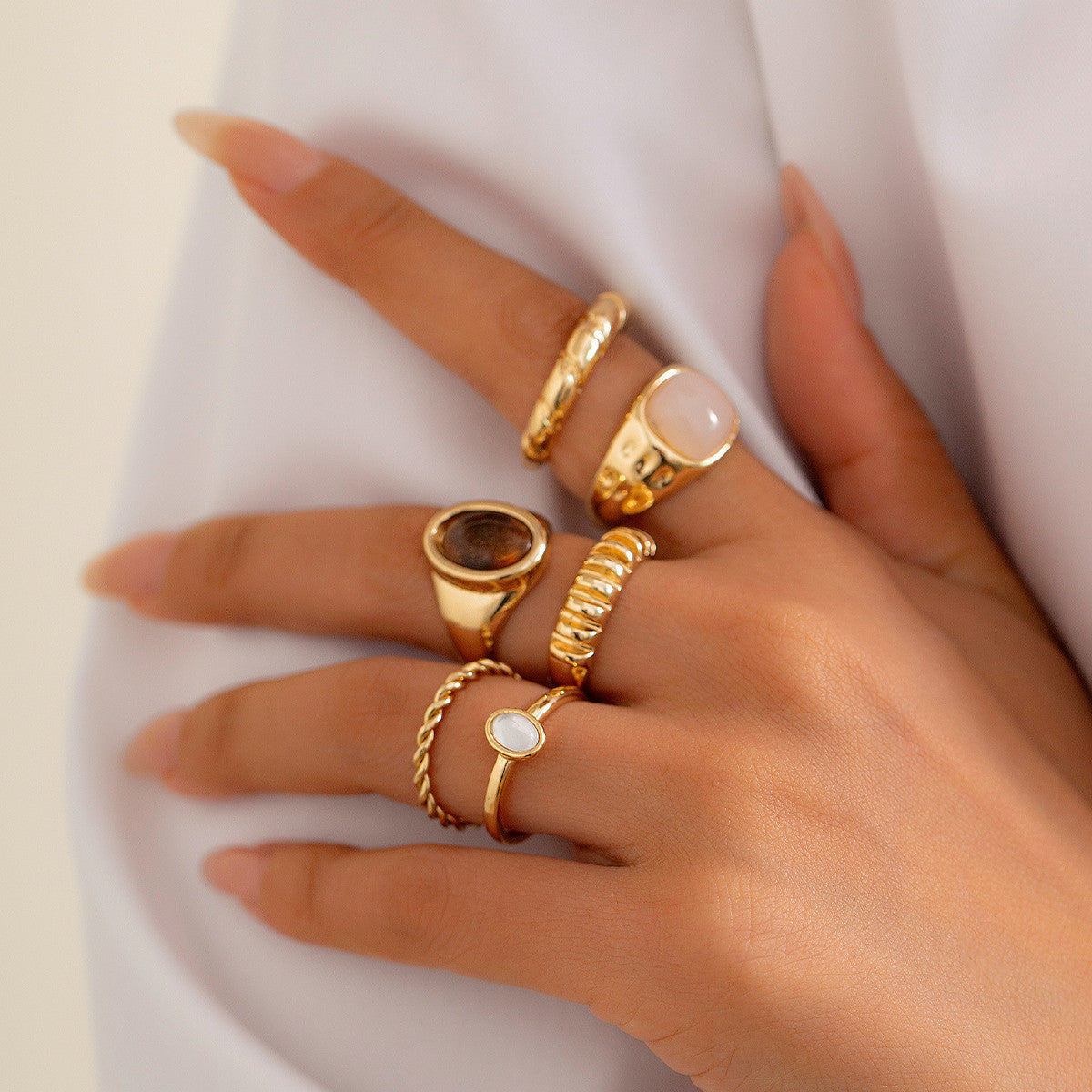 6-Piece Irregular Gemstone Metal Ring Set Secondary image