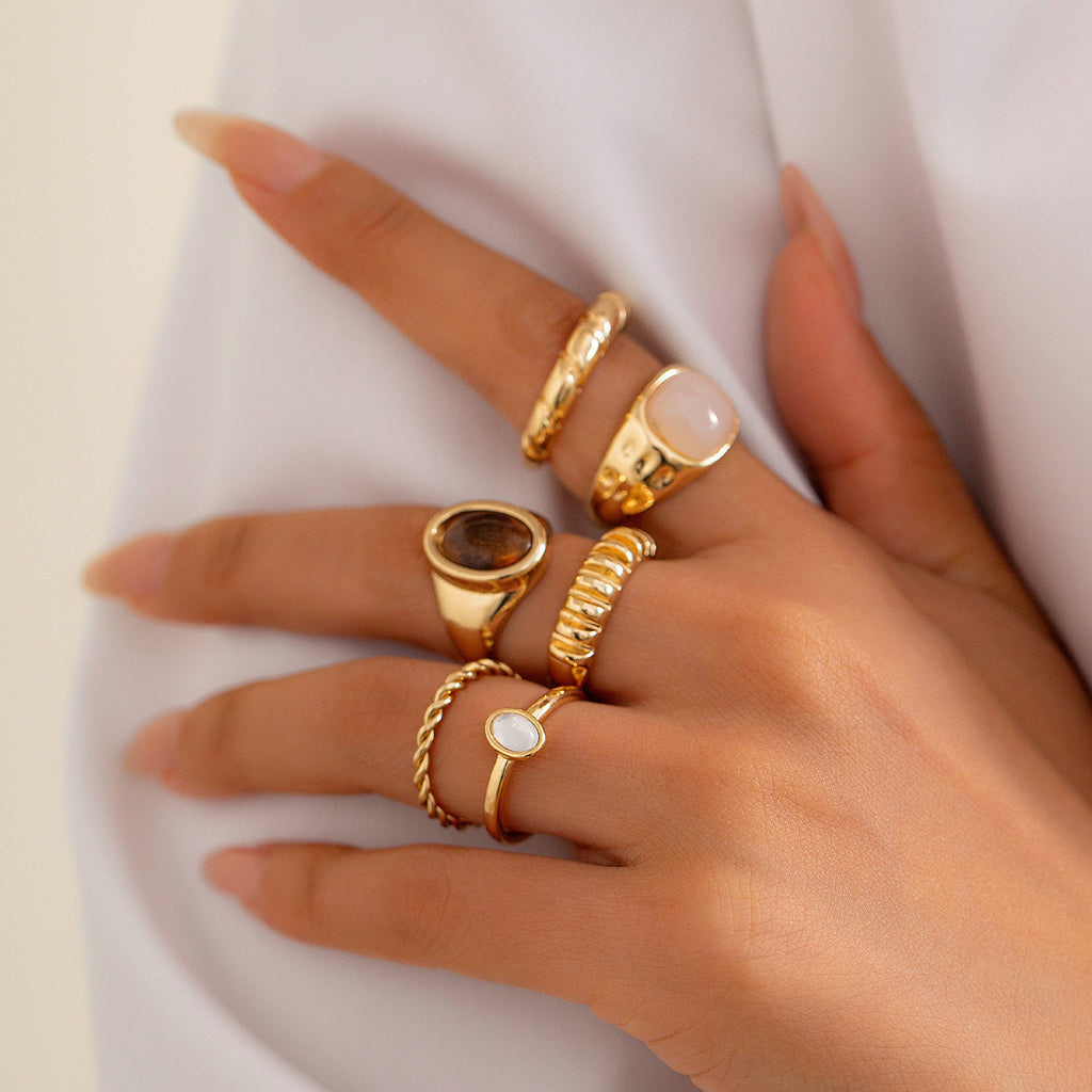 6-Piece Irregular Gemstone Metal Ring Set