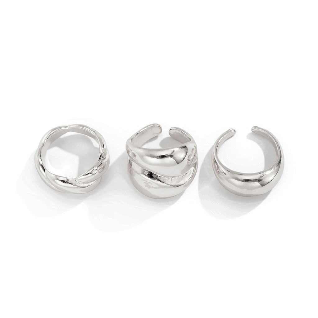 3-Piece Polished Liquid Metal Textured Band Ring Set
