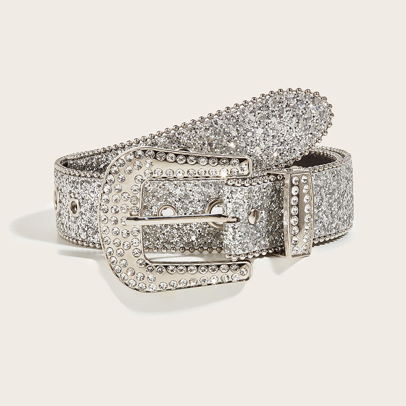 Rhinestone Sequin Wide Denim Belt Secondary image