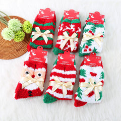 Coral Fleece Thick Bow Santa Tree Elk Christmas Socks