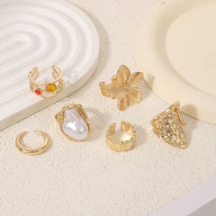 6-Piece Baroque Pearl Floral Adjustable Ring Set
