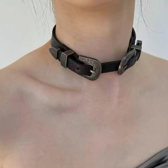 Vintage Metal Leather Y2K Gender-Neutral Choker Necklace