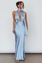 Plunging Halter Scarf Open Back Cocktail Dress