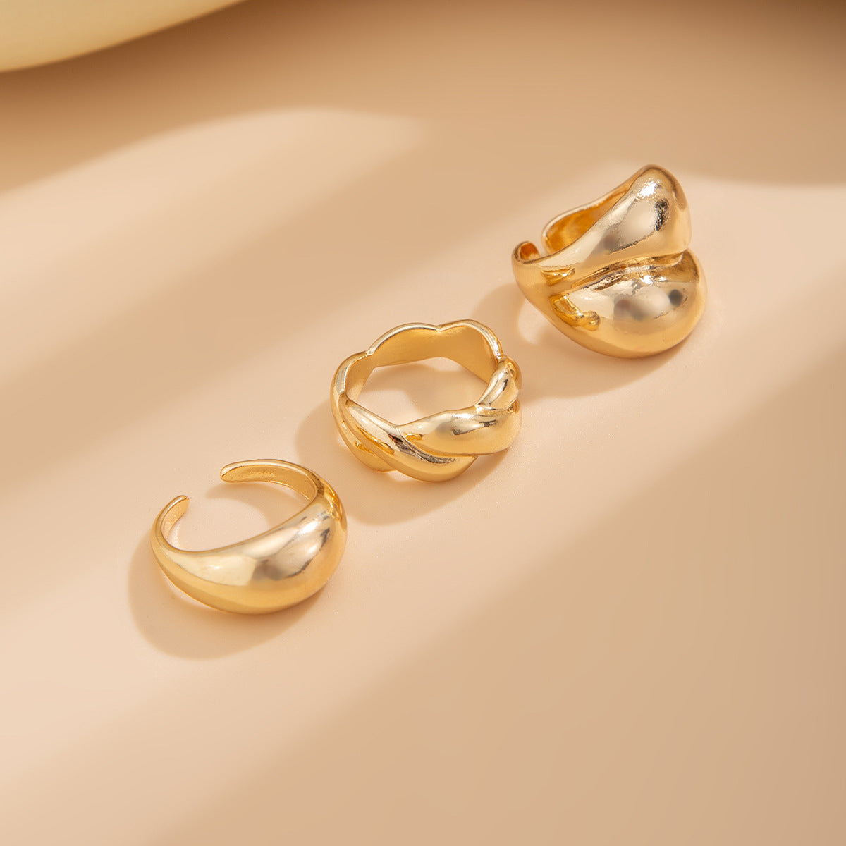3-Piece Polished Liquid Metal Textured Band Ring Set Secondary image