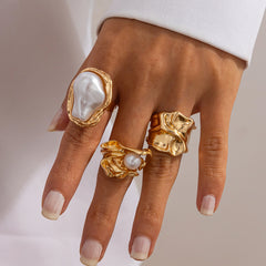 3-Piece Liquid Metal Baroque Pearl Hug Ring Set