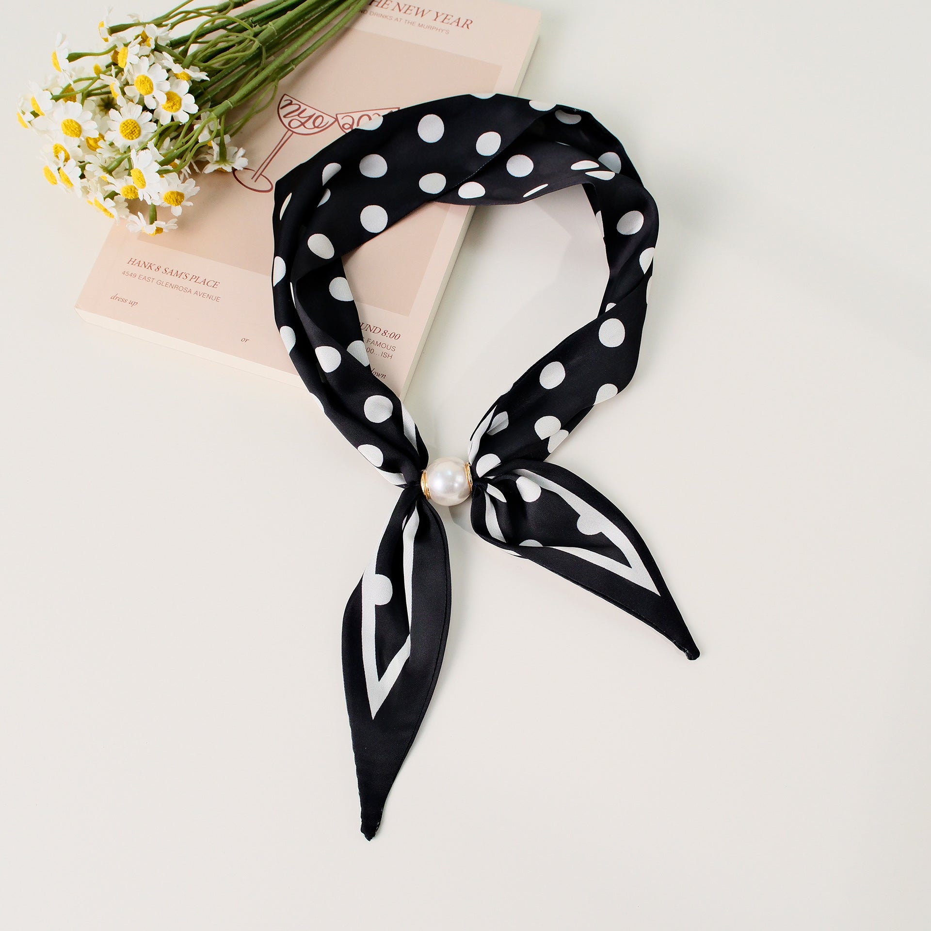Pearl Magnetic Buckle Polka Dot Neck Ribbon Scarf Secondary image