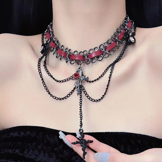 Sweet Cross Red Leather Gothic Layered Necklace