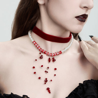 Velvet Blood Drip Tassel Crystal Choker Necklace