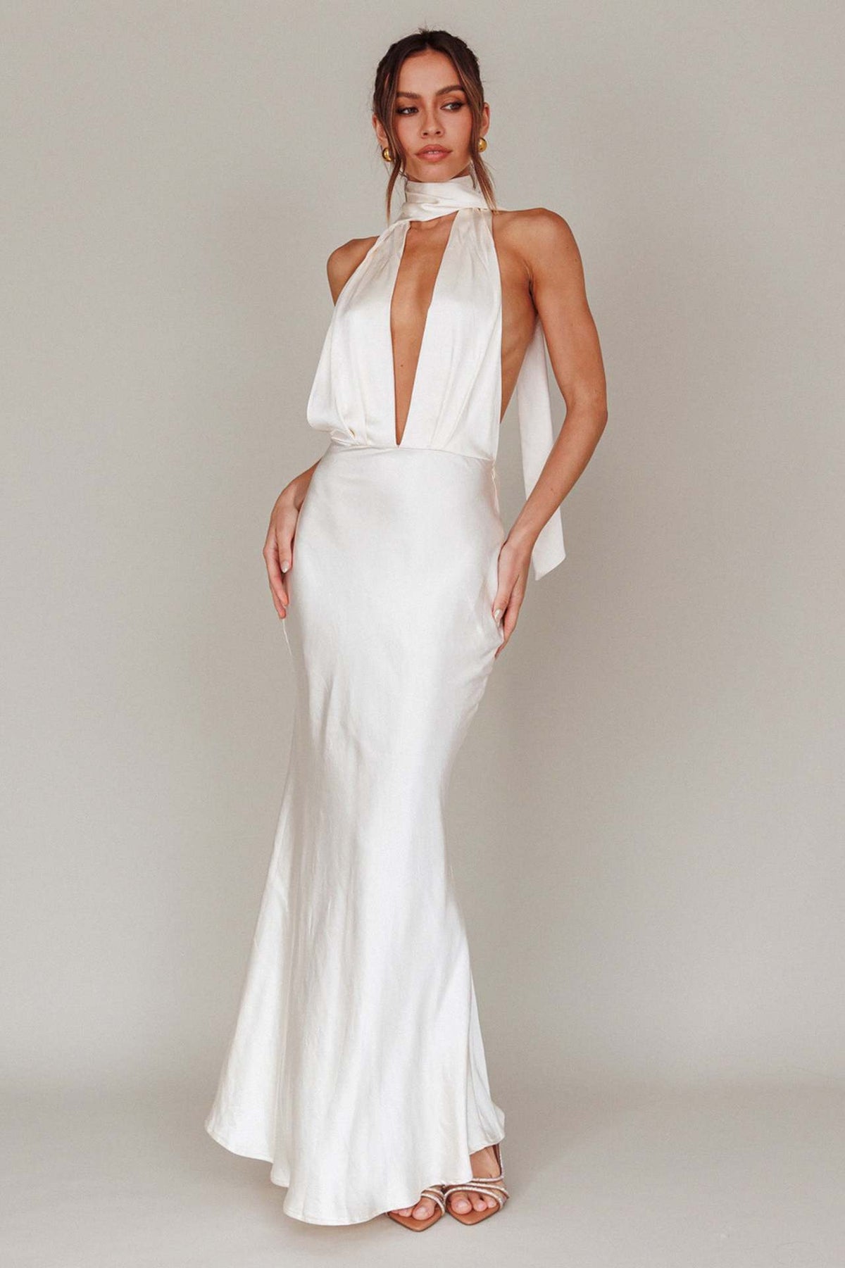Plunging Halter Scarf Open Back Cocktail Dress