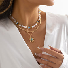 Long Pearl Octagram Star Pendant Layered Necklace