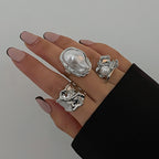3-Piece Liquid Metal Baroque Pearl Hug Ring Set