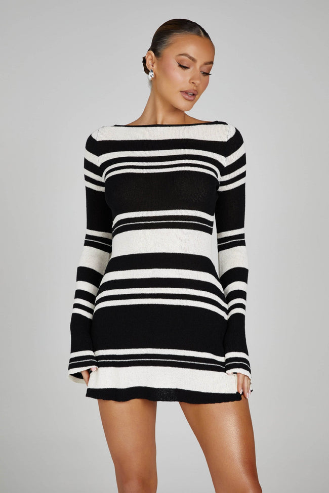 Bell Sleeve Color Block Stripe Knit Sweater Dress S / Black and White Main image