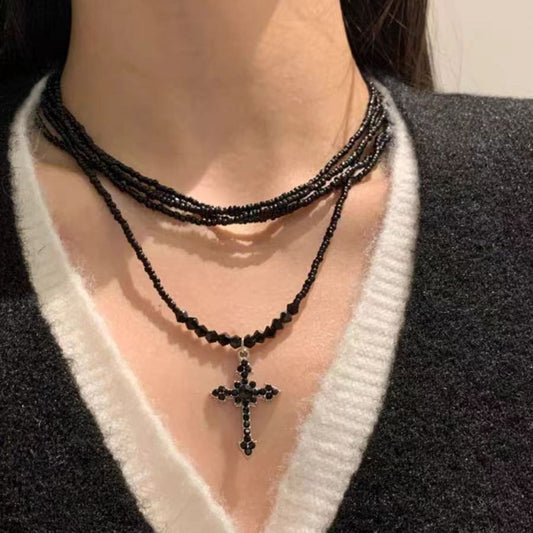 Dark Princess Cross Layered Beaded Personality Necklace