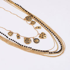 Layered Bead Chain Geometric Charm Statement Necklace