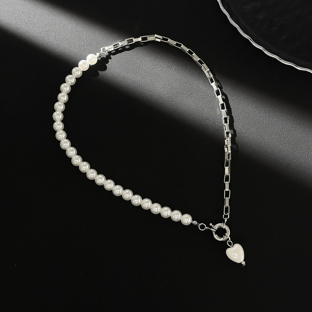 Crystal Heart Pearl Bead Choker Necklace