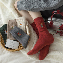 Cable Embroidered Mid Calf Christmas Socks