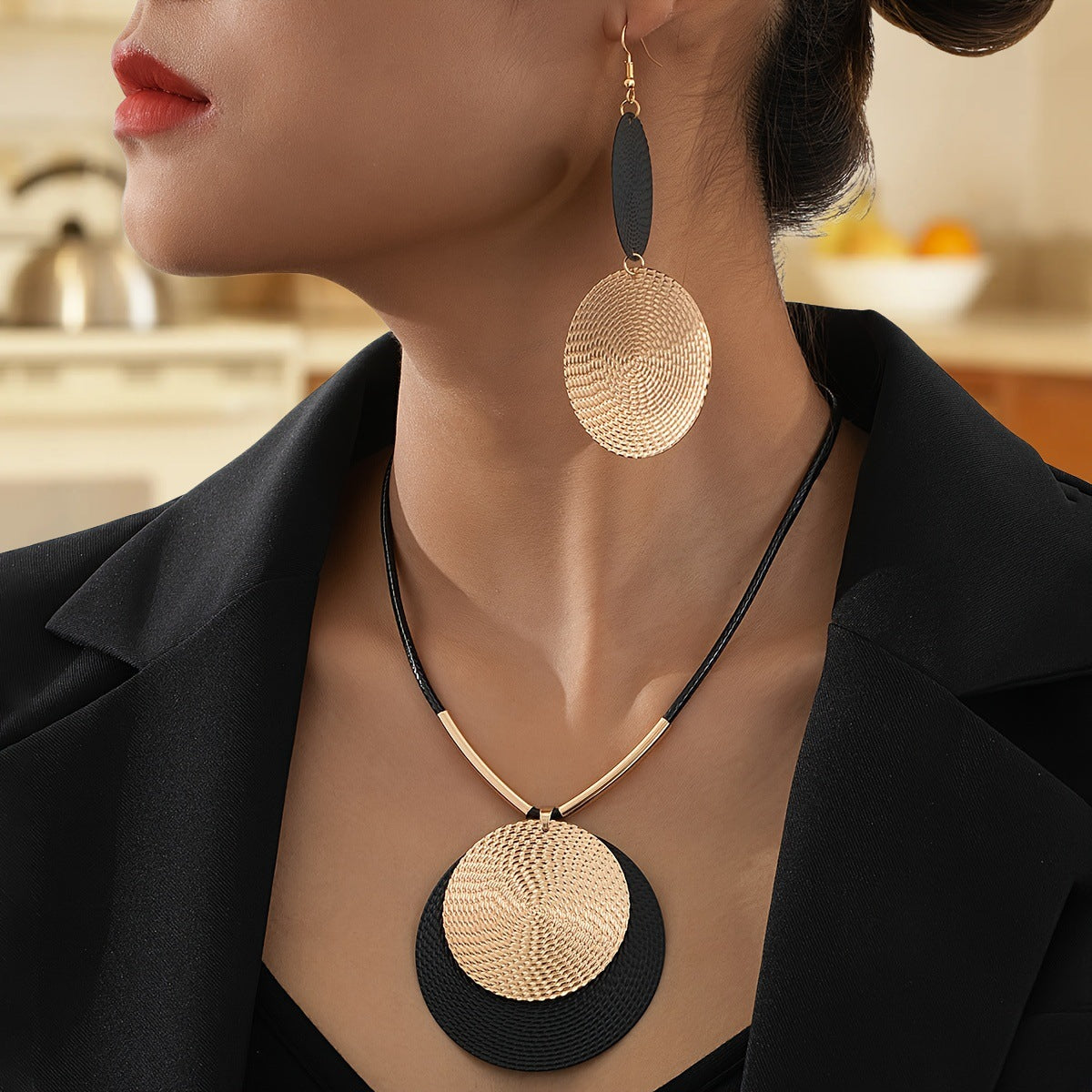 3-Piece Large Round Disc Pendant Statement Earrings & Necklace Set Secondary image