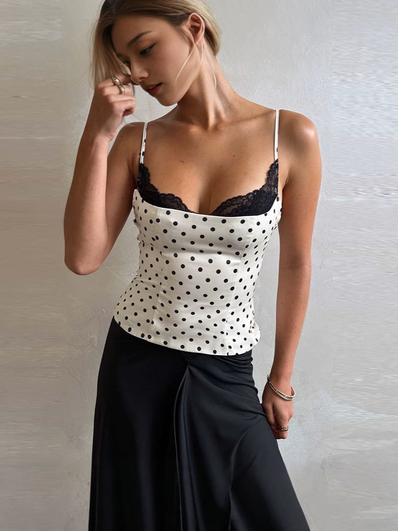 White Polka Dot Lace Trim Cami Secondary image