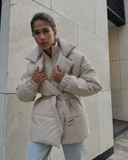 Tie Waist Cotton V-Neck Puffer Jacket S / Apricot
