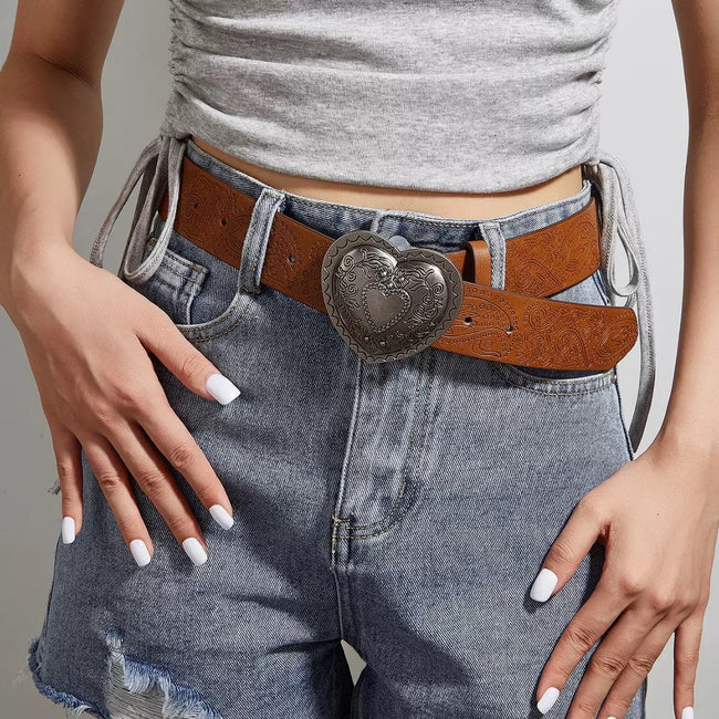 Brown Textured Heart Buckle Metal Belt Main image