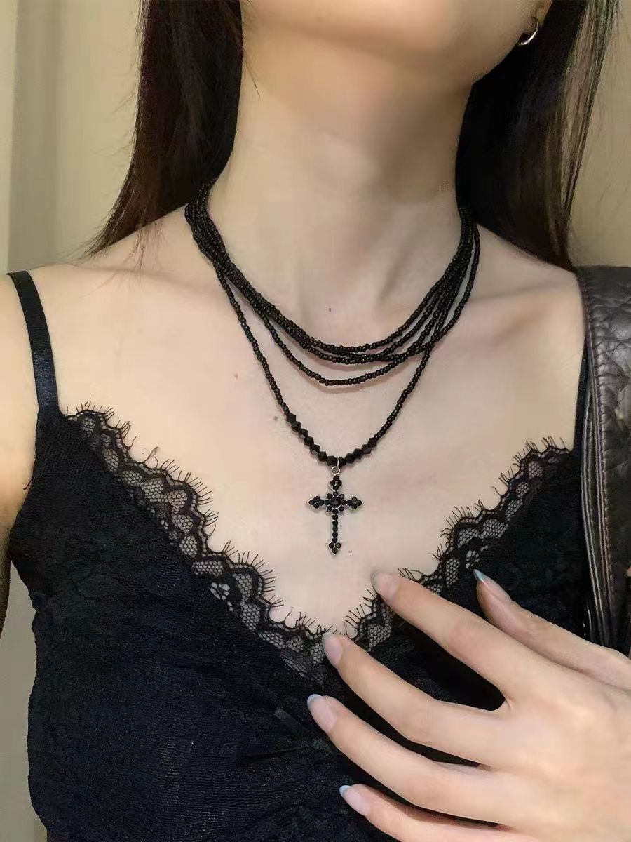 Dark Princess Cross Layered Beaded Personality Necklace