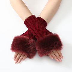 Faux Fur Knit Diamond Pattern Gloves