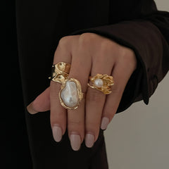 3-Piece Liquid Metal Baroque Pearl Hug Ring Set