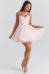 Satin Sweetheart Lace Trim Tulle Mini Dress