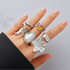 6-Piece Baroque Pearl Floral Adjustable Ring Set