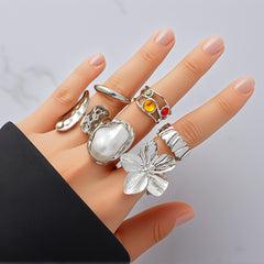 6-Piece Baroque Pearl Floral Adjustable Ring Set