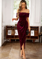 Velvet Off-the-shoulder Cocktail Dress S / Red