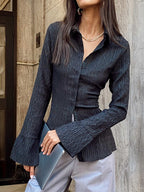 Black Lapel Waist Cinched Flare Sleeve Blouse