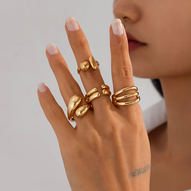 4-Piece Polished Liquid Metal Textured Ring Set Main image